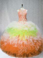  Tulle Scoop Sleeveless Zipper Beading and Ruffles Quince Ball Gowns in Multi-color