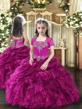 Great Sleeveless Floor Length Beading and Ruffles Lace Up Little Girl Pageant Gowns with Fuchsia