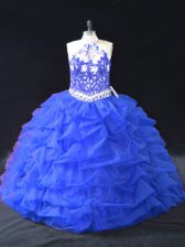 Perfect Blue Quinceanera Gowns Sweet 16 and Quinceanera with Beading and Appliques Halter Top Sleeveless Backless