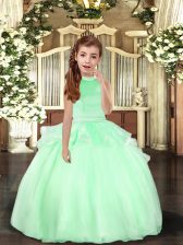 Dramatic Apple Green Organza Backless Kids Pageant Dress Sleeveless Floor Length Beading