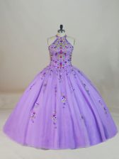  Lavender Ball Gown Prom Dress Halter Top Sleeveless Brush Train Lace Up