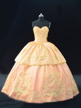 Dynamic Peach Quince Ball Gowns Sweet 16 and Quinceanera with Appliques Halter Top Sleeveless Lace Up