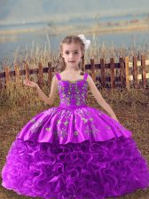 Fashion Lilac Lace Up Straps Embroidery Pageant Dress for Womens Fabric With Rolling Flowers Sleeveless Sweep Train