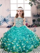 Custom Fit Teal Sleeveless Floor Length Beading and Ruffles Lace Up Pageant Gowns For Girls