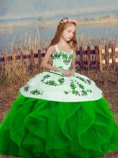  Sleeveless Organza Floor Length Lace Up Little Girl Pageant Dress in Green with Embroidery and Ruffles