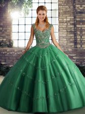  Floor Length Green Quinceanera Gown Tulle Sleeveless Beading and Appliques