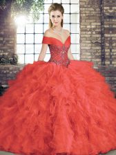 Vintage Coral Red Off The Shoulder Lace Up Beading and Ruffles Sweet 16 Quinceanera Dress Sleeveless