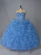  Sweetheart Sleeveless Quinceanera Gown Brush Train Beading and Ruffles Blue Organza