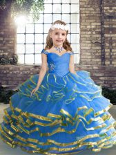 Custom Design Straps Sleeveless Little Girl Pageant Gowns Floor Length Beading and Ruffled Layers and Ruching Blue Tulle