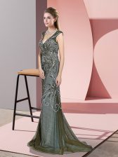  Olive Green Sleeveless Sweep Train Beading Prom Evening Gown