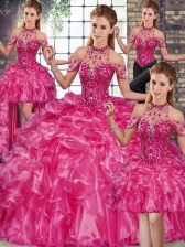 Latest Sleeveless Organza Floor Length Lace Up Sweet 16 Dresses in Fuchsia with Beading and Ruffles
