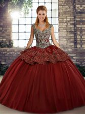 Wonderful Wine Red Ball Gowns Tulle Straps Sleeveless Beading and Appliques Floor Length Lace Up 15 Quinceanera Dress