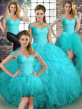 Best Aqua Blue Sleeveless Tulle Lace Up Quince Ball Gowns for Military Ball and Sweet 16 and Quinceanera