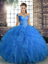 Chic Off The Shoulder Sleeveless Ball Gown Prom Dress Floor Length Beading and Ruffles Blue Tulle