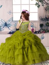  Olive Green Sleeveless Floor Length Beading and Pick Ups Zipper Little Girls Pageant Dress