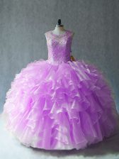 Graceful Lilac Organza Lace Up Scoop Sleeveless Floor Length Quinceanera Gown Beading and Ruffles