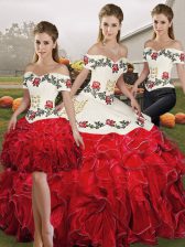 Dazzling Floor Length Three Pieces Sleeveless White And Red Quinceanera Gown Lace Up