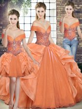  Off The Shoulder Sleeveless Sweet 16 Dress Floor Length Beading and Ruffles Orange Organza