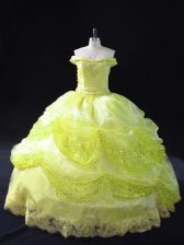 Attractive Organza Off The Shoulder Sleeveless Lace Up Lace and Sequins Quinceanera Gowns in Yellow Green