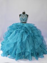  Organza Sleeveless Floor Length Quinceanera Gowns Brush Train and Beading and Ruffles
