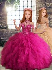 Elegant Sleeveless Tulle Floor Length Lace Up Little Girl Pageant Gowns in Fuchsia with Beading and Ruffles