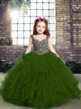  Olive Green Side Zipper Little Girls Pageant Gowns Beading and Ruffles Sleeveless Floor Length