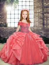  Organza Straps Sleeveless Lace Up Beading and Ruffles Little Girls Pageant Dress in Coral Red