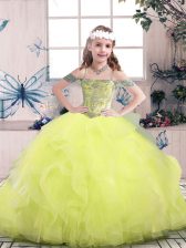 Dazzling Off The Shoulder Sleeveless Tulle Child Pageant Dress Beading and Ruffles Lace Up