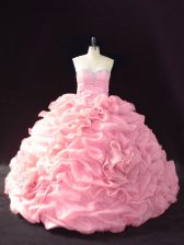 Traditional Pink Sweetheart Neckline Beading and Pick Ups and Hand Made Flower 15th Birthday Dress Sleeveless Lace Up
