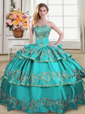Designer Satin and Organza Sweetheart Sleeveless Lace Up Embroidery and Ruffled Layers Ball Gown Prom Dress in Aqua Blue