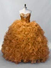  Gold Organza Lace Up Sweetheart Sleeveless 15th Birthday Dress Sequins