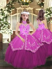  Lilac Halter Top Neckline Embroidery Little Girl Pageant Gowns Sleeveless Lace Up