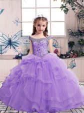  Lavender Sleeveless Floor Length Beading and Ruffles Lace Up Child Pageant Dress