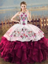 Fashion Organza Halter Top Sleeveless Lace Up Embroidery and Ruffles Vestidos de Quinceanera in Fuchsia