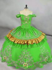 Modest Green Ball Gowns Off The Shoulder Sleeveless Satin Floor Length Lace Up Embroidery Sweet 16 Quinceanera Dress