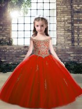 Most Popular Sleeveless Tulle Floor Length Lace Up Little Girls Pageant Dress Wholesale in Red with Beading and Appliques