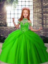  Halter Top Sleeveless Lace Up Kids Pageant Dress Green Tulle