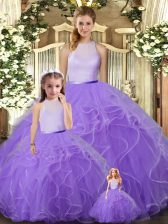  Tulle High-neck Sleeveless Backless Ruffles Quince Ball Gowns in Lavender