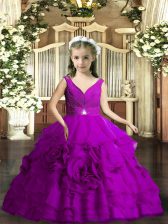 Enchanting Floor Length Purple Little Girls Pageant Gowns Organza Sleeveless Beading and Ruching