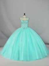 Exceptional Apple Green Tulle Lace Up Ball Gown Prom Dress Sleeveless Brush Train Beading