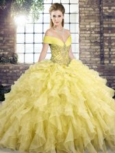  Yellow Off The Shoulder Lace Up Beading and Ruffles Quinceanera Dresses Brush Train Sleeveless