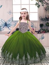  Tulle Straps Sleeveless Lace Up Beading and Embroidery Girls Pageant Dresses in Olive Green