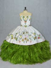  Sweetheart Sleeveless Sweet 16 Dress Floor Length Embroidery and Ruffles Olive Green Organza