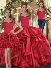 Fashion Red Organza Lace Up 15th Birthday Dress Sleeveless Floor Length Ruffles