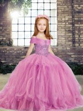 Attractive Lilac Straps Neckline Beading Little Girls Pageant Dress Wholesale Sleeveless Lace Up