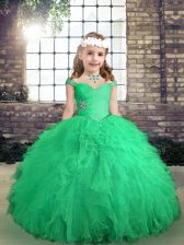  Floor Length Turquoise Kids Formal Wear Tulle Long Sleeves Beading and Ruffles