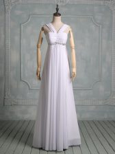  White Empire Beading and Ruching Prom Gown Zipper Chiffon Sleeveless Floor Length