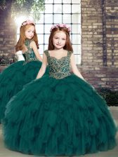  Straps Sleeveless Tulle Girls Pageant Dresses Beading and Ruffles Lace Up