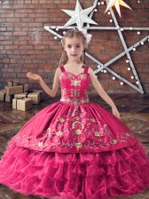 Exquisite Embroidery and Ruffled Layers Girls Pageant Dresses Hot Pink Lace Up Sleeveless Floor Length