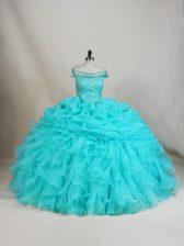 Best Aqua Blue Quinceanera Gowns Sweet 16 and Quinceanera with Beading and Ruffles Off The Shoulder Sleeveless Lace Up